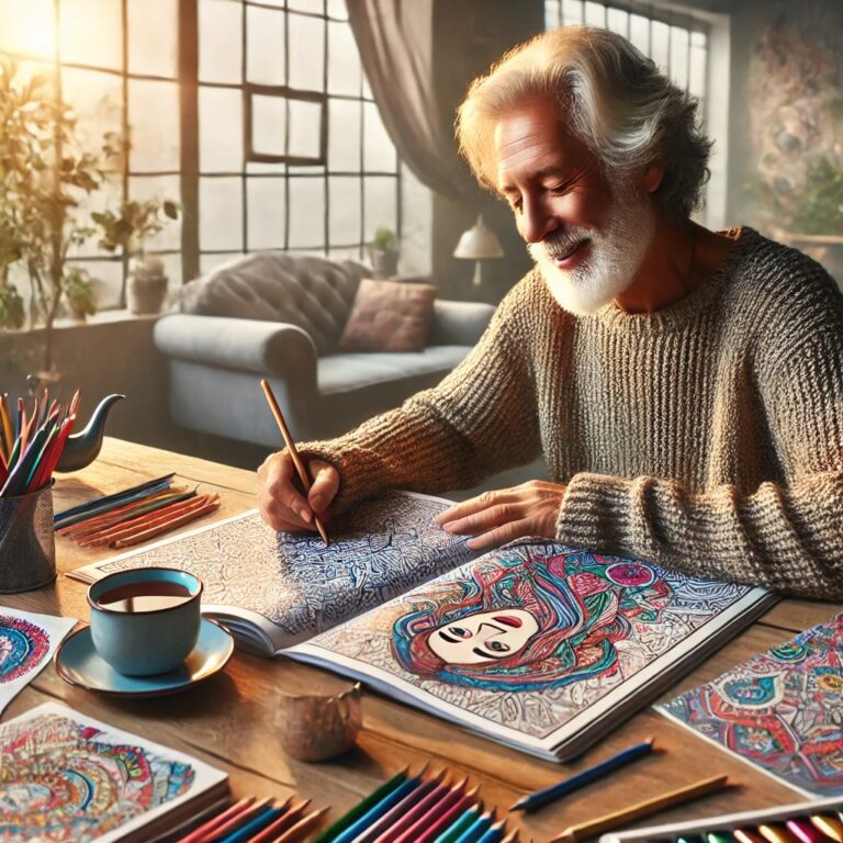 A diverse adult engaged in coloring a detailed design in a cozy room, surrounded by vibrant pencils, tea, and calming decor.
