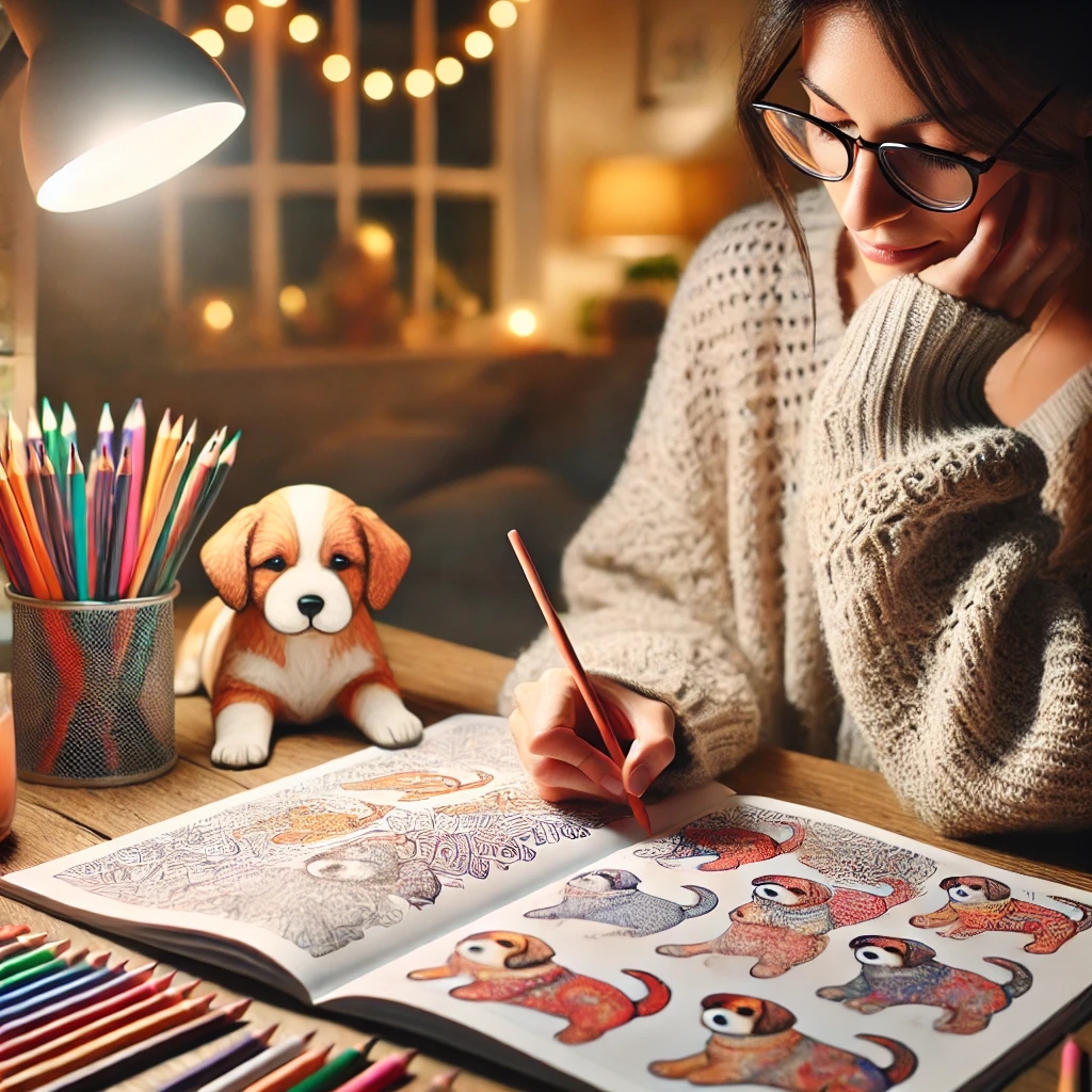 A serene scene of an adult coloring a detailed puppy-themed coloring book at a cozy desk, surrounded by colored pencils and art supplies. The background features a bookshelf with mindfulness and art therapy books, creating a calming atmosphere.