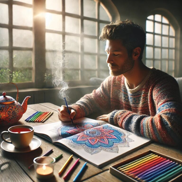 An adult peacefully coloring an intricate mandala in a softly lit room, surrounded by colored pencils, a steaming cup of tea, and a lit candle.