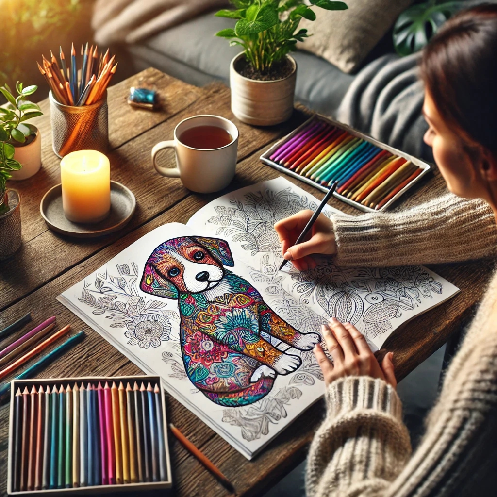 An adult peacefully coloring an intricate puppy illustration in a cozy room, surrounded by colored pencils, a steaming cup of tea, a lit candle, and indoor plants, symbolizing relaxation and mindfulness.