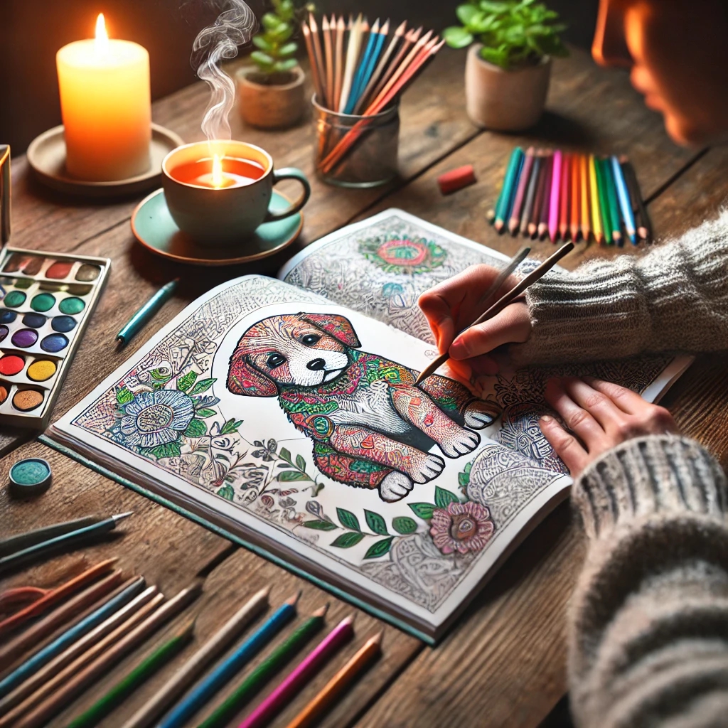 An adult peacefully coloring an intricate puppy illustration in a cozy, warmly lit room, surrounded by colored pencils, a steaming cup of tea, a lit candle, and indoor plants, symbolizing relaxation and emotional well-being.