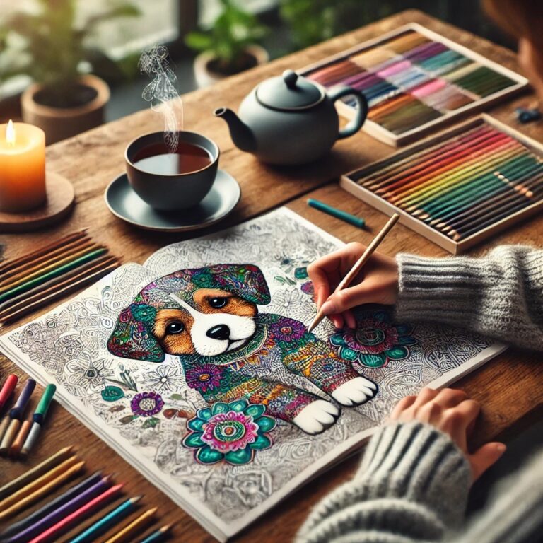 An adult peacefully coloring an intricate puppy illustration in a cozy, well-lit room, surrounded by colored pencils, a steaming cup of tea, a lit candle, and indoor plants, symbolizing relaxation and cognitive benefits.