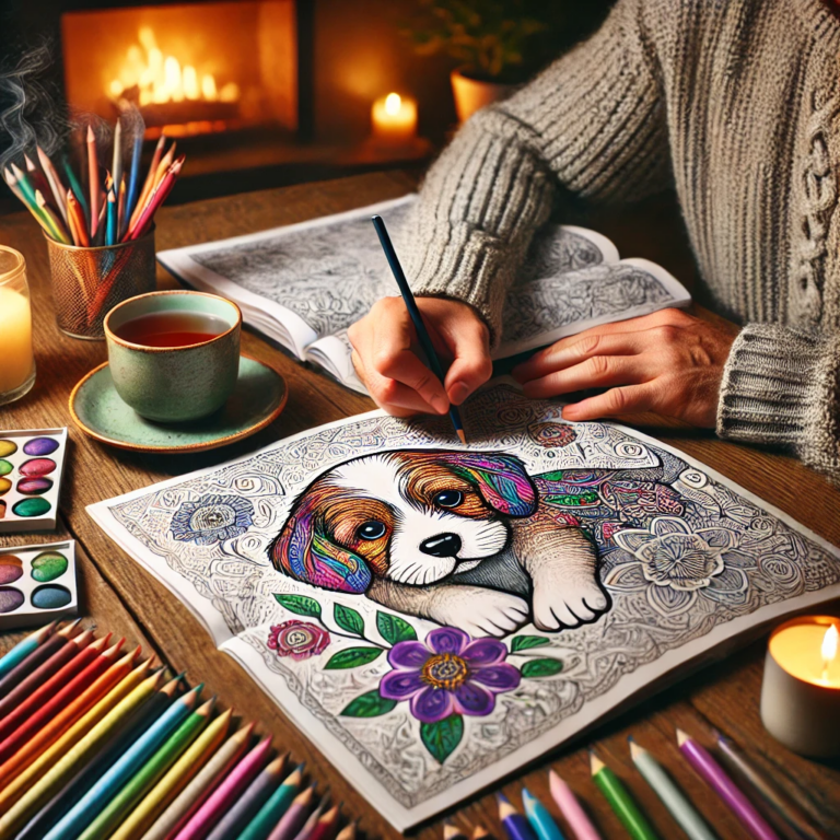 An adult peacefully coloring an intricate puppy illustration in a cozy room, surrounded by colored pencils, a steaming cup of tea, a lit candle, and indoor plants, symbolizing relaxation and mindfulness.