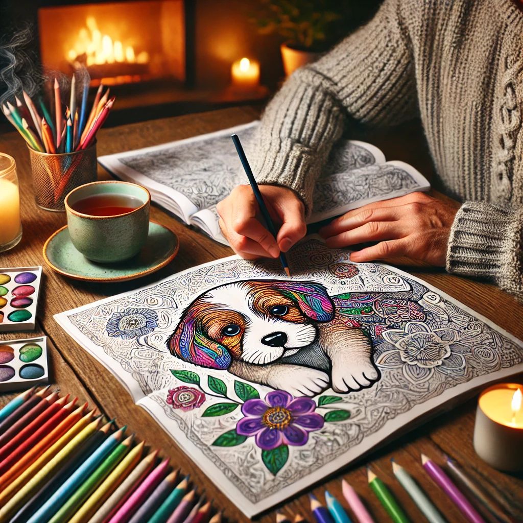 An adult peacefully coloring an intricate puppy illustration in a cozy room, surrounded by colored pencils, a steaming cup of tea, a lit candle, and indoor plants, symbolizing relaxation and mindfulness.