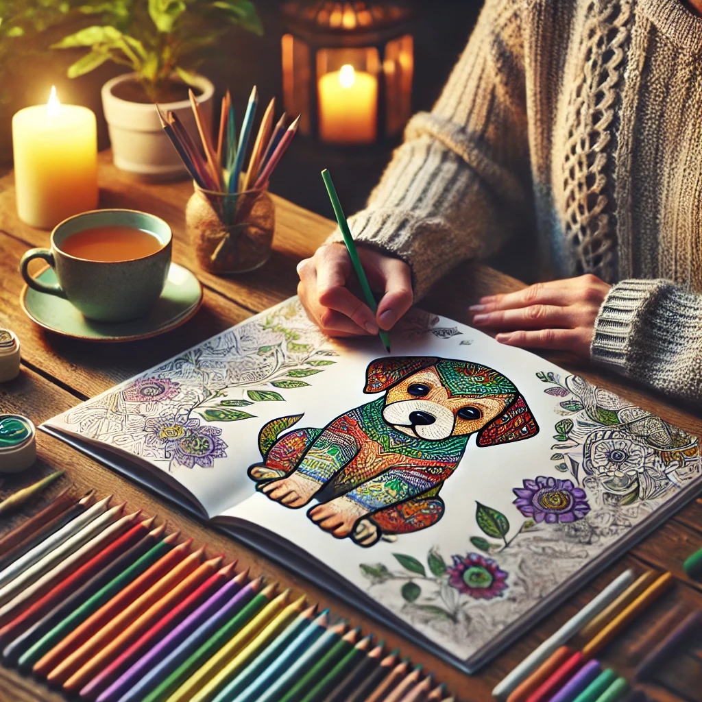 An adult peacefully coloring an intricate puppy illustration in a cozy room, surrounded by colored pencils, a steaming cup of tea, a lit candle, and indoor plants, symbolizing relaxation and mindfulness