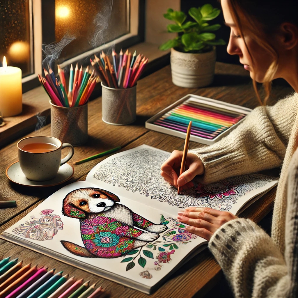 An adult peacefully coloring an intricate puppy illustration in a cozy, warmly lit room, surrounded by colored pencils, a steaming cup of tea, a lit candle, and indoor plants, symbolizing relaxation and emotional healing.