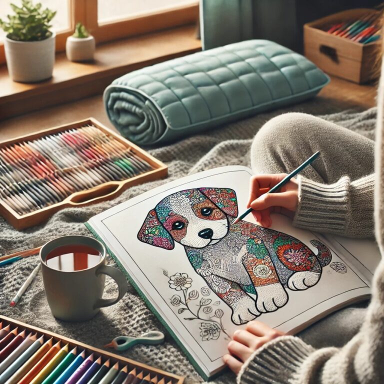 An adult managing chronic pain through a peaceful coloring session, filling in a detailed puppy illustration with soft-grip colored pencils in a cozy, well-lit space. A warm cup of tea, a heating pad, and ergonomic tools nearby emphasize relaxation and pain relief.
