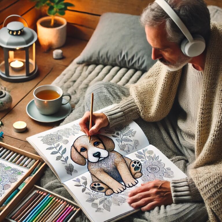 An adult with a chronic illness peacefully coloring a detailed puppy illustration in a cozy, well-lit space. Soft-grip colored pencils, a warm cup of tea, and a comfortable setting emphasize relaxation, stress relief, and the therapeutic benefits of coloring.