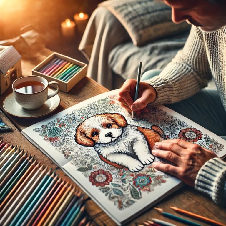 An adult engaged in a relaxing coloring session, filling in a detailed puppy illustration with soft-grip colored pencils. The cozy, well-lit setting, warm cup of tea, and peaceful atmosphere highlight the cognitive and stress-relief benefits of coloring.