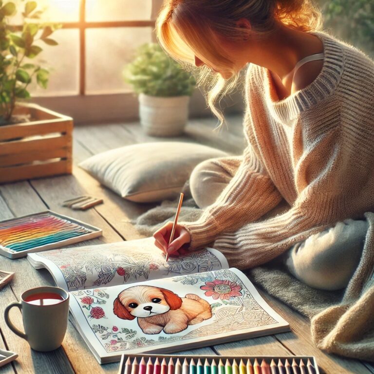 An adult peacefully coloring a puppy-themed illustration in a cozy, softly lit space. The scene includes a warm cup of tea, a calming environment, and soft-grip colored pencils, highlighting the therapeutic and meditative power of coloring for relaxation and healing