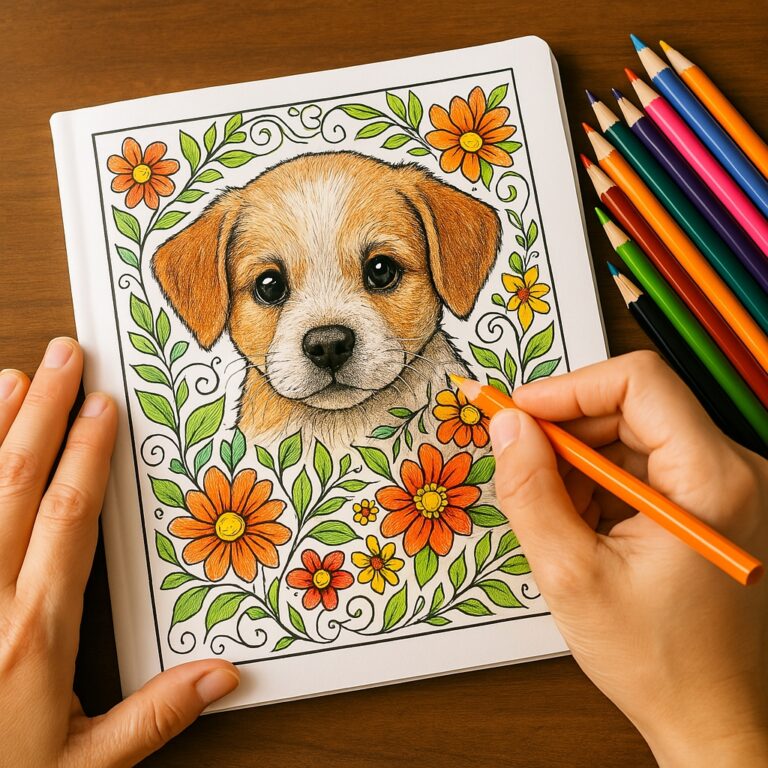 An adult calmly coloring a whimsical puppy illustration in a square-format coloring book, seated at a cozy table with soft lighting. The setting reflects mindfulness, emotional wellness, and the power of creative connection through shared artistic expression.