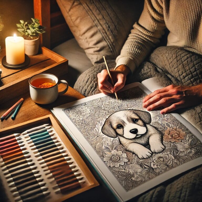 An adult peacefully coloring an intricate puppy illustration in a cozy, softly lit bedroom, surrounded by colored pencils, a cup of herbal tea, a lit candle, and fluffy pillows, symbolizing relaxation and sleep preparation.