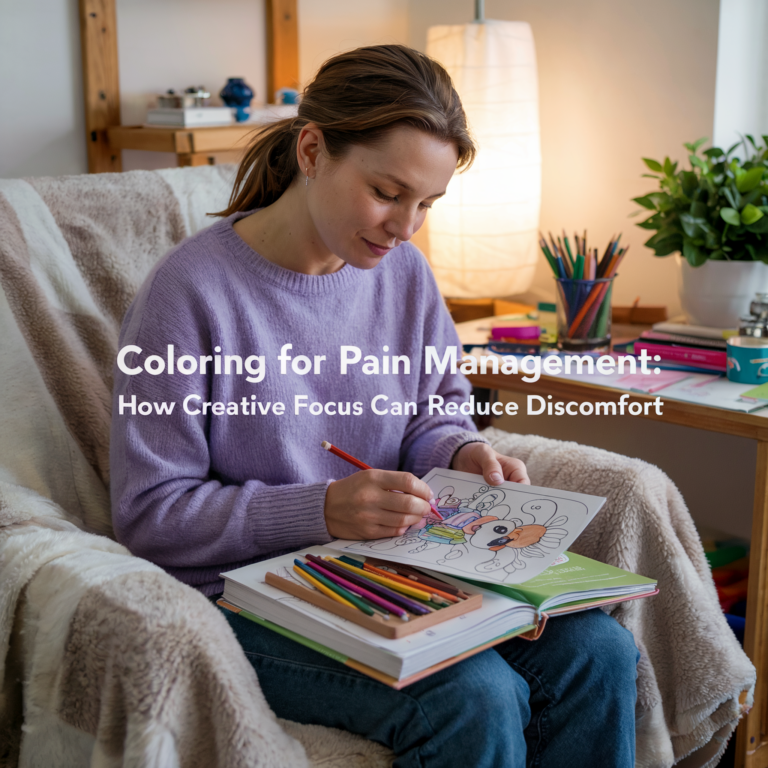 An adult woman sits comfortably in a cozy room, coloring a cute puppy illustration in a coloring book. Surrounded by soft lighting, colored pencils, and a peaceful atmosphere, she focuses on her art. The image includes the blog title “Coloring for Pain Management: How Creative Focus Can Reduce Discomfort.”