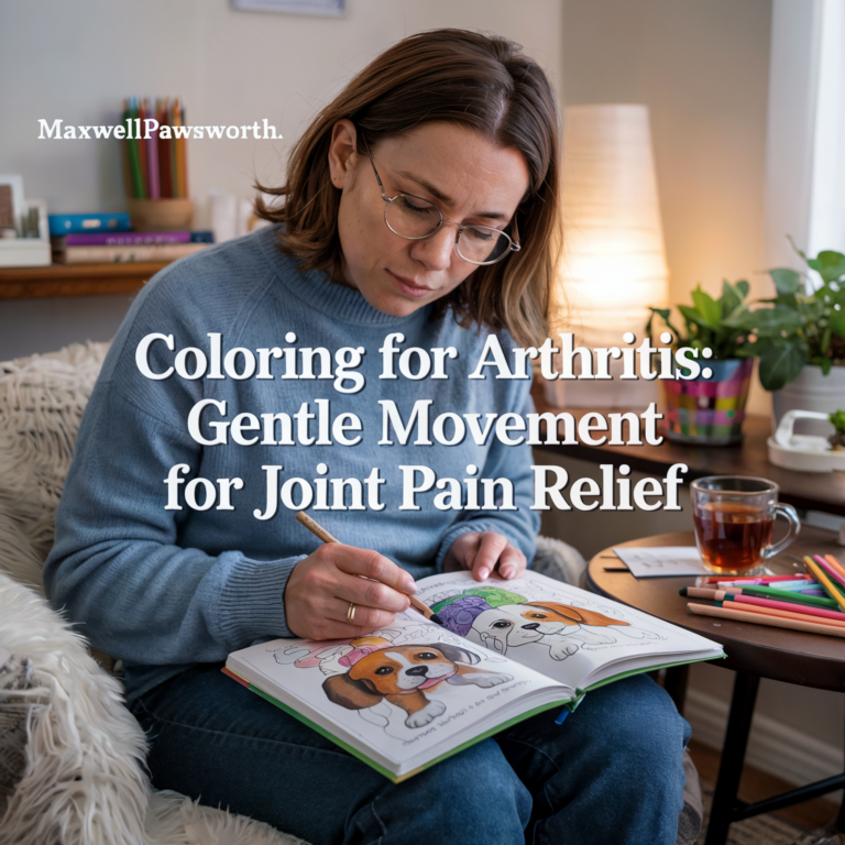 An adult woman with glasses is seated in a cozy room, coloring a puppy-themed page from a Maxwell Pawsworth coloring book. She uses thick colored pencils to support her grip, surrounded by warm lighting, a tea mug, and soft furnishings. The image displays the blog title: "Coloring for Arthritis: Gentle Movement for Joint Pain Relief."
