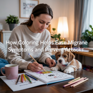 A woman sits in a softly lit room, peacefully coloring a puppy-themed page in a coloring book. A gentle brown-and-white puppy rests beside her, watching attentively. Colored pencils and a pink mug are placed on the table. The image includes the text: "How Coloring Helps Ease Migraine Symptoms and Prevent Attacks."