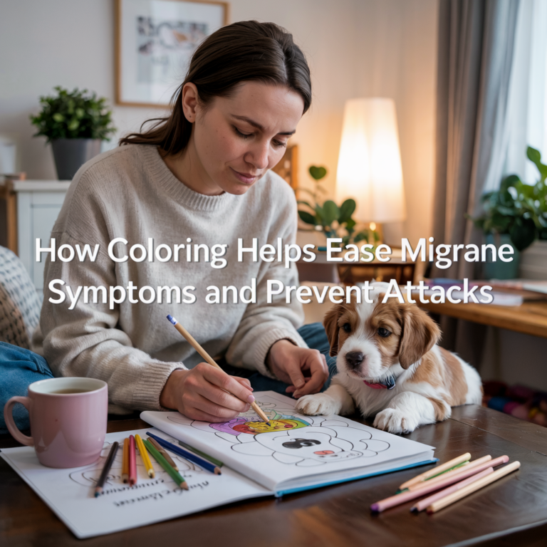 A woman sits in a softly lit room, peacefully coloring a puppy-themed page in a coloring book. A gentle brown-and-white puppy rests beside her, watching attentively. Colored pencils and a pink mug are placed on the table. The image includes the text: "How Coloring Helps Ease Migraine Symptoms and Prevent Attacks."
